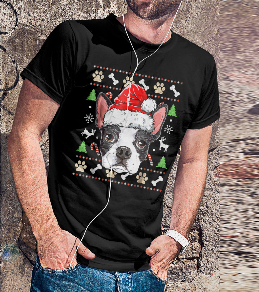Boston Terrier Christmas Santa Hat Dog With Bones And Tree T-Shirt