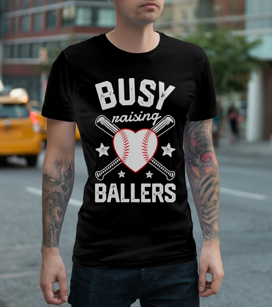 Busy Raising Ballers Heart Baseball and Bats with Stars T-Shirt