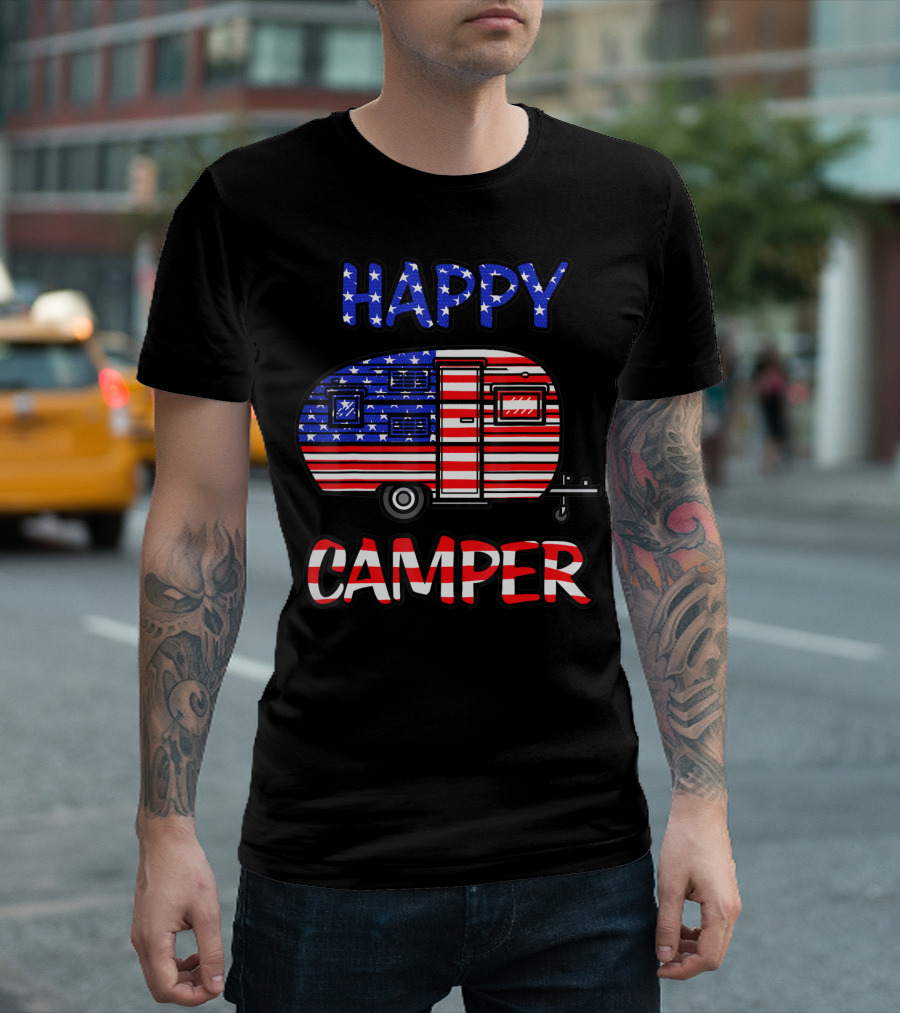 Happy Camper American Flag 4th Of July Camping T-Shirt
