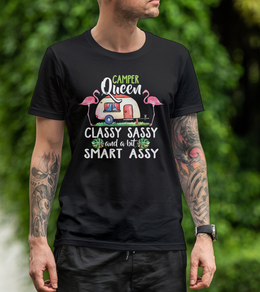 Camper Queen Classy Sassy Smart Assy With Flamingos And Caravan T-Shirt