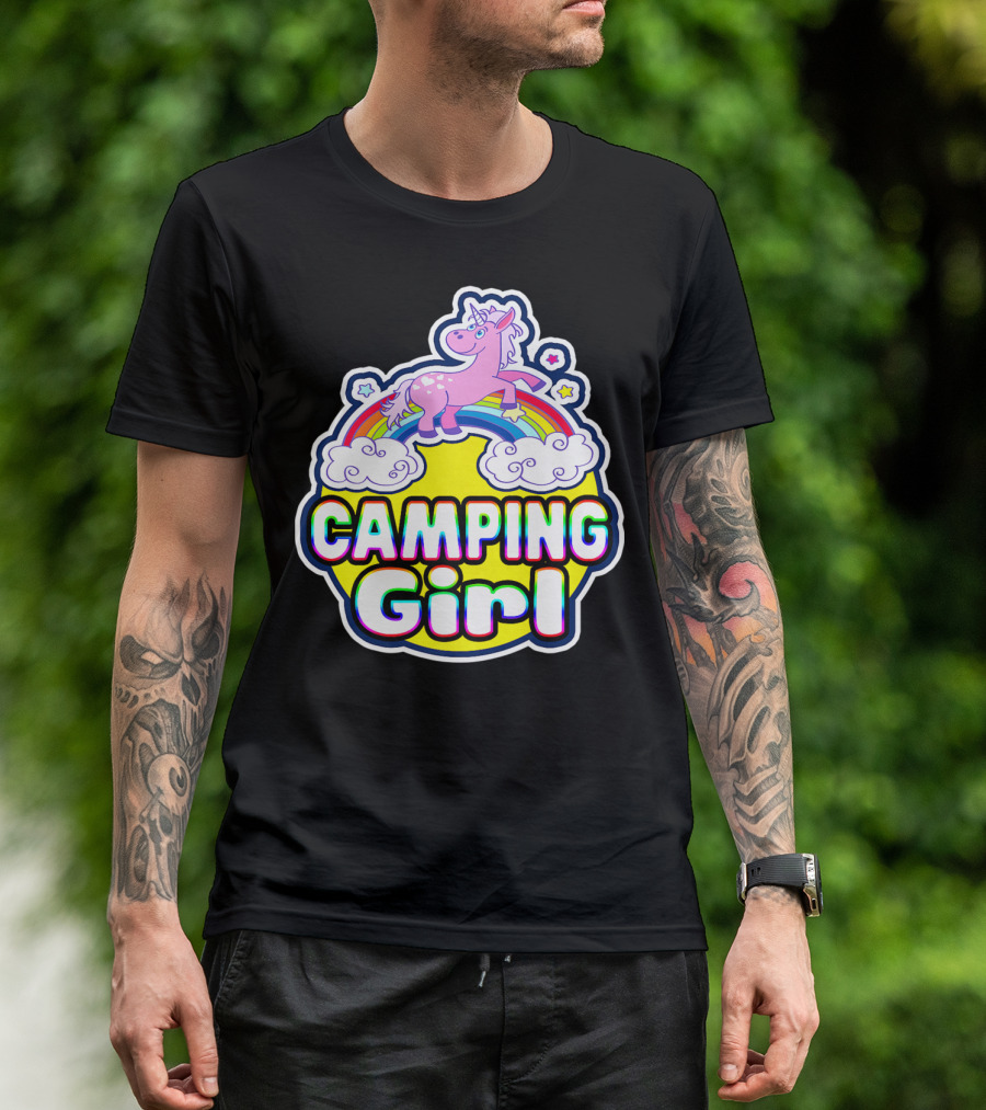 Camping Girl Rainbow Unicorn Cloud Adventure T-Shirt