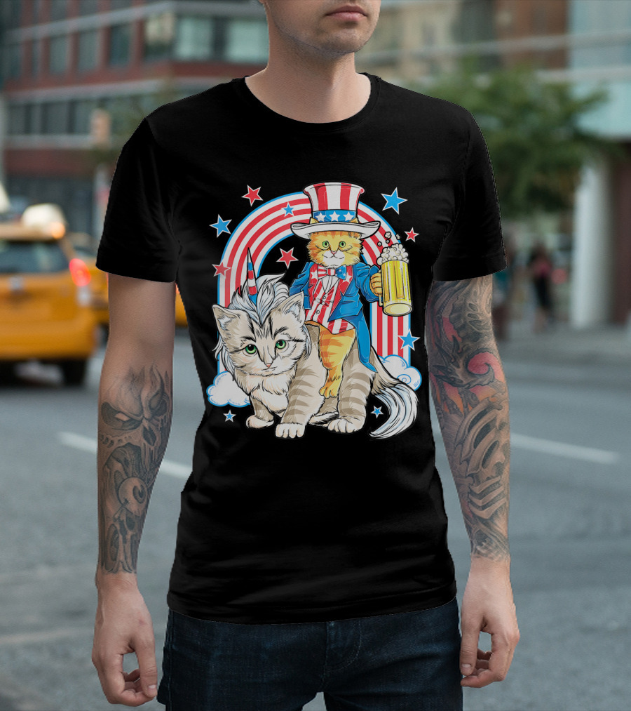 Cat 4th of July Caticorn Meowica Patriotic Unicorn with Beer and Stars T-Shirt