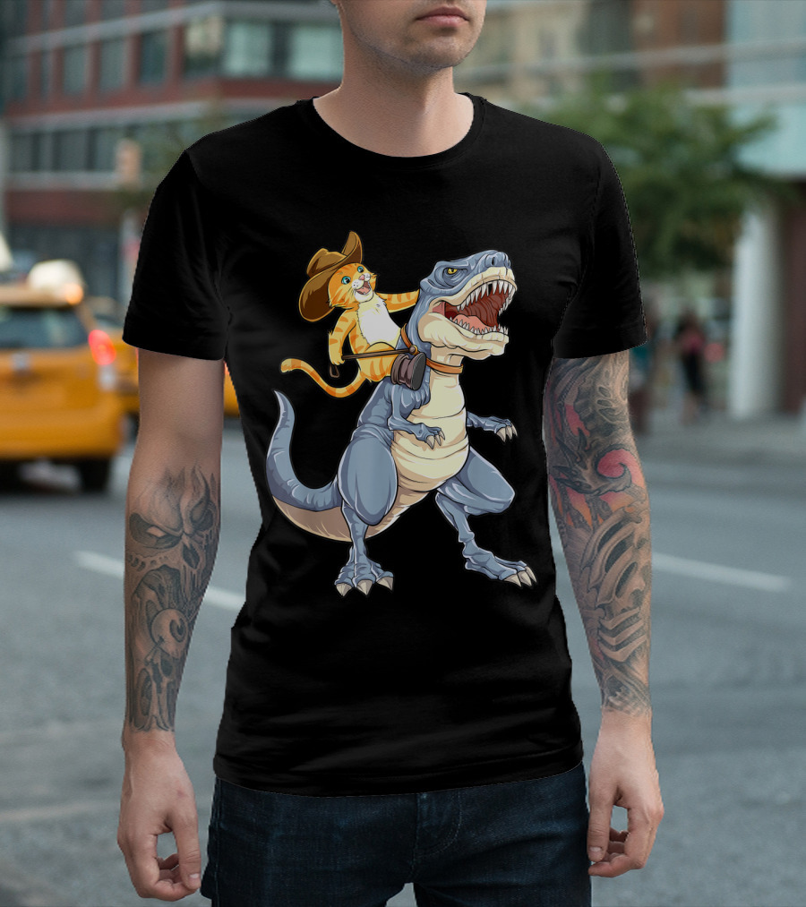 Cat in Cowboy Hat Riding Dinosaur Rex Purrassic Kitty Dino T-Shirt