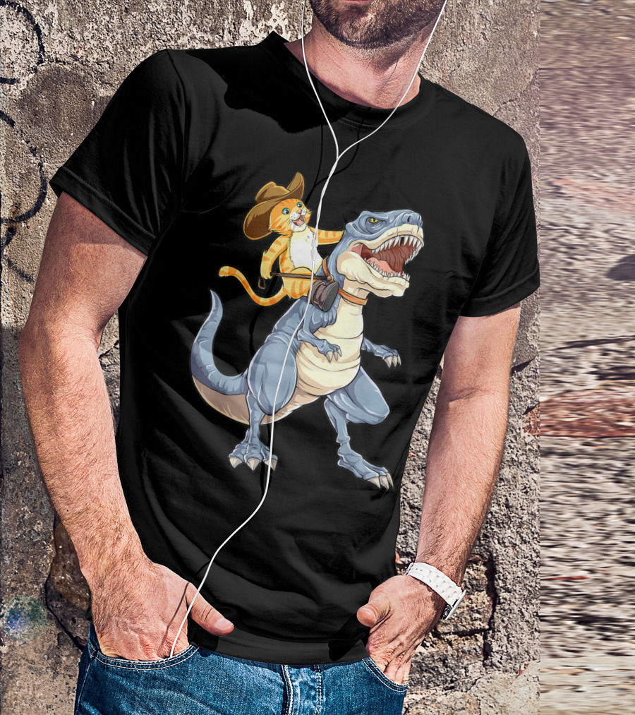 Cat In Cowboy Hat Riding Dinosaur Rex Purrassic Kitty Dino T-Shirt