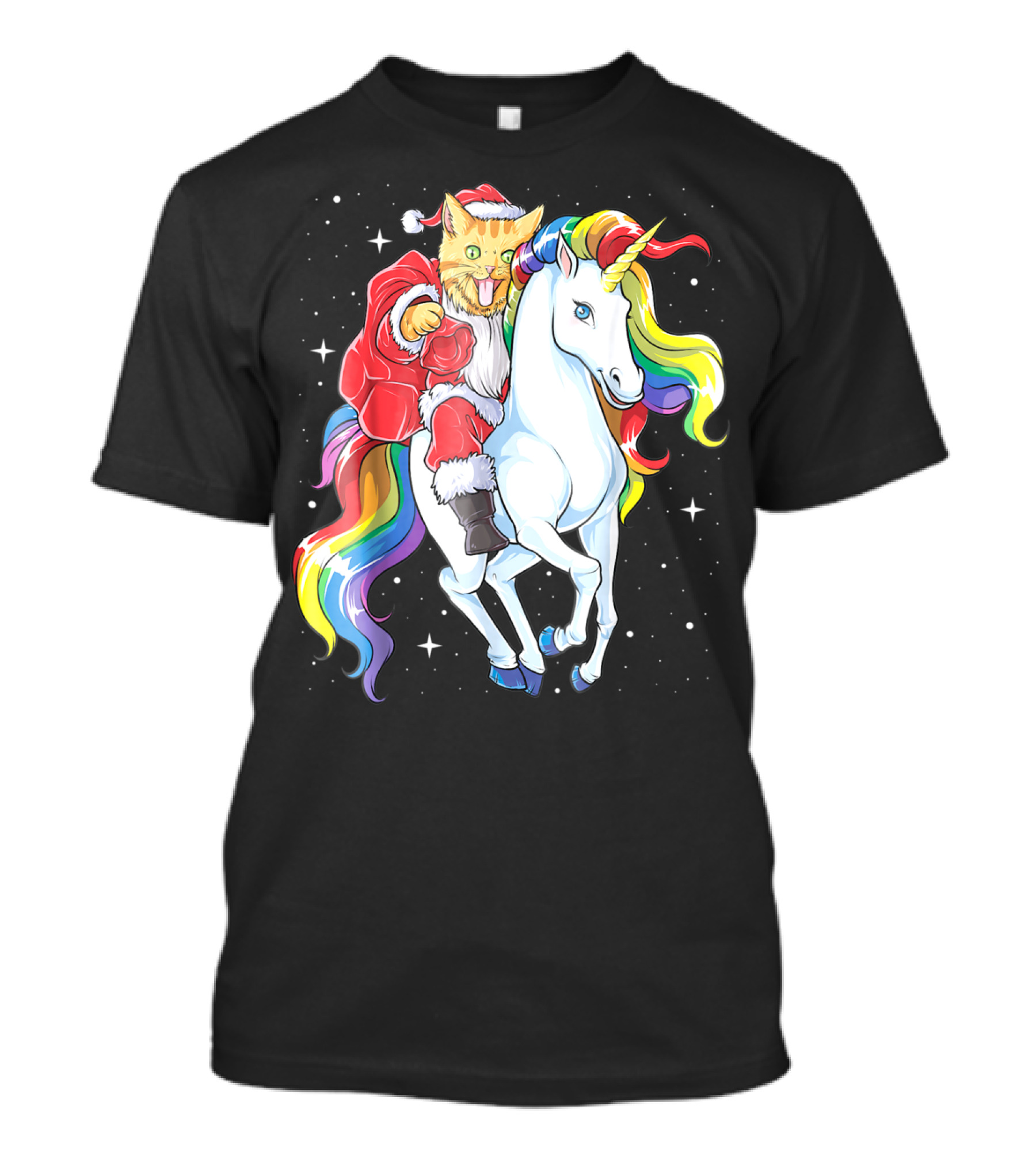 Meowy Cat Santa Riding Rainbow Unicorn Christmas Girls Women T-Shirt