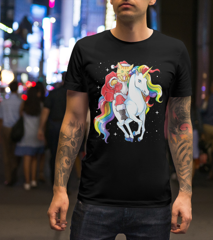 Meowy Cat Santa Riding Rainbow Unicorn Christmas Girls Women T-Shirt