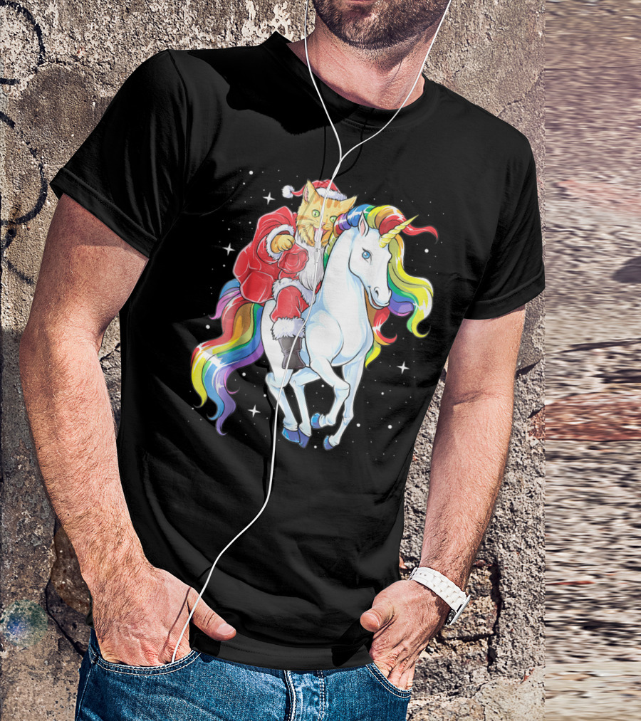 Meowy Cat Santa Riding Rainbow Unicorn Christmas Girls Women T-Shirt