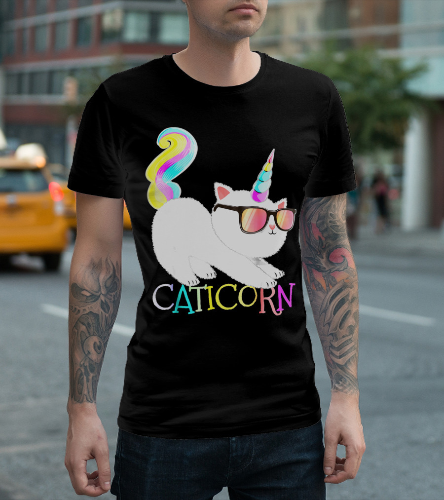 Caticorn Rainbow Unicorn Cat Girls Sunglasses Colorful Mane T-Shirt
