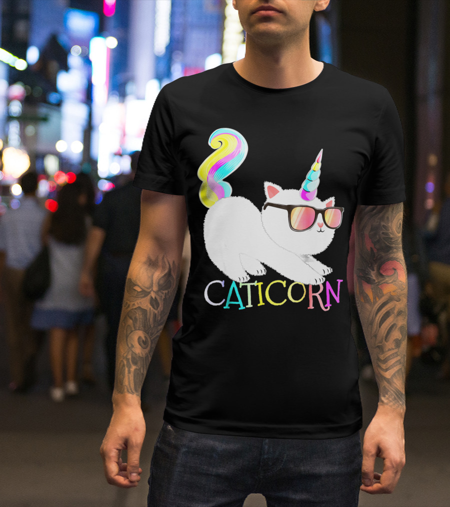 Caticorn Rainbow Unicorn Cat Girls Sunglasses Colorful Mane T-Shirt
