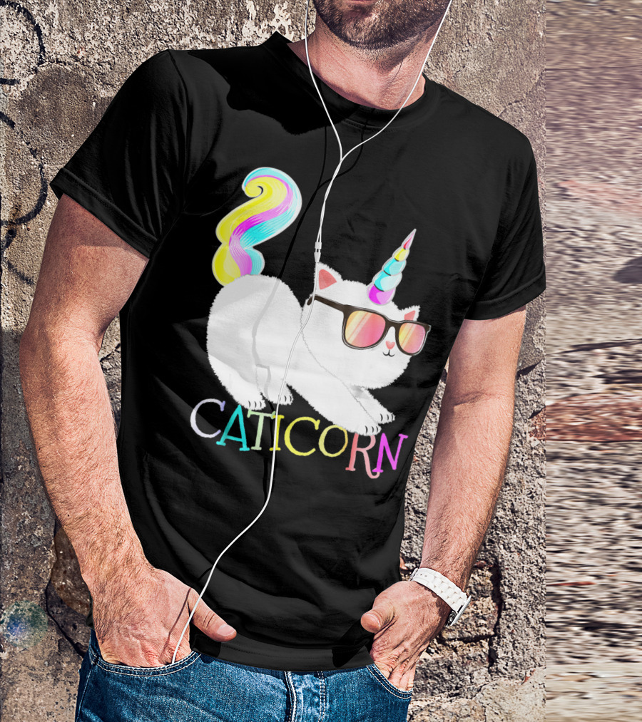 Caticorn Rainbow Unicorn Cat Girls Sunglasses Colorful Mane T-Shirt