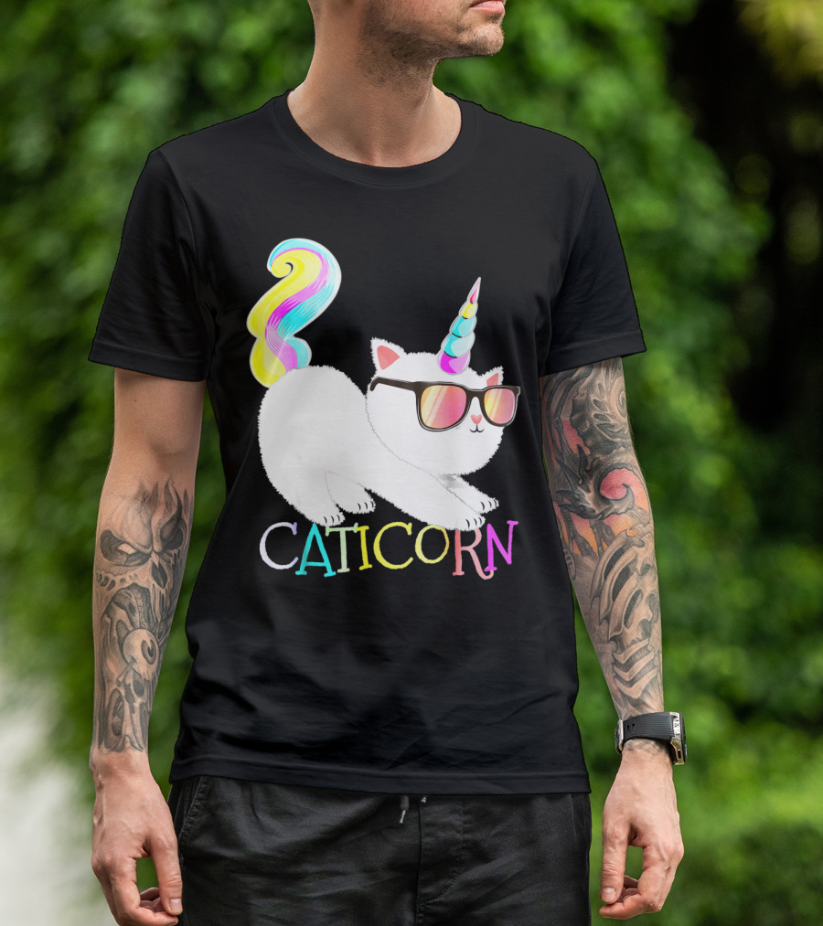 Caticorn Rainbow Unicorn Cat Girls Sunglasses Colorful Mane T-Shirt