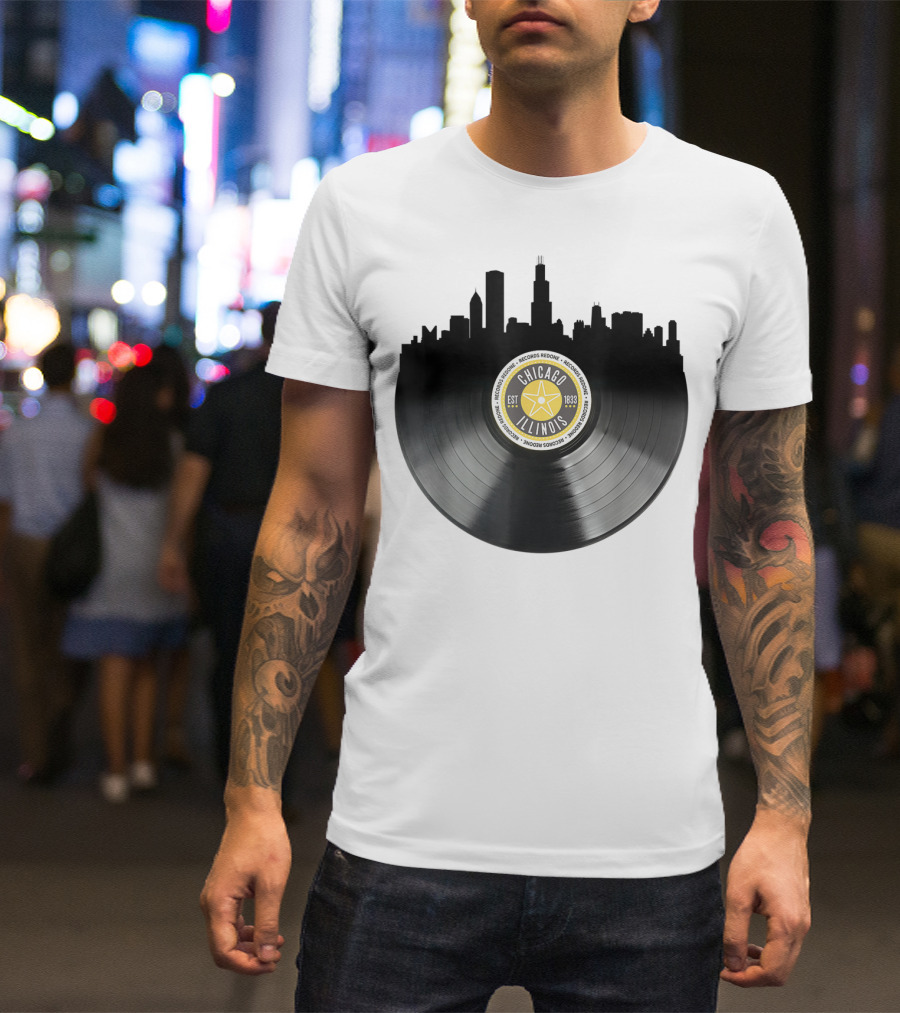 Chicago Illinois Vinyl Record Skyline EST 1833 T-Shirt