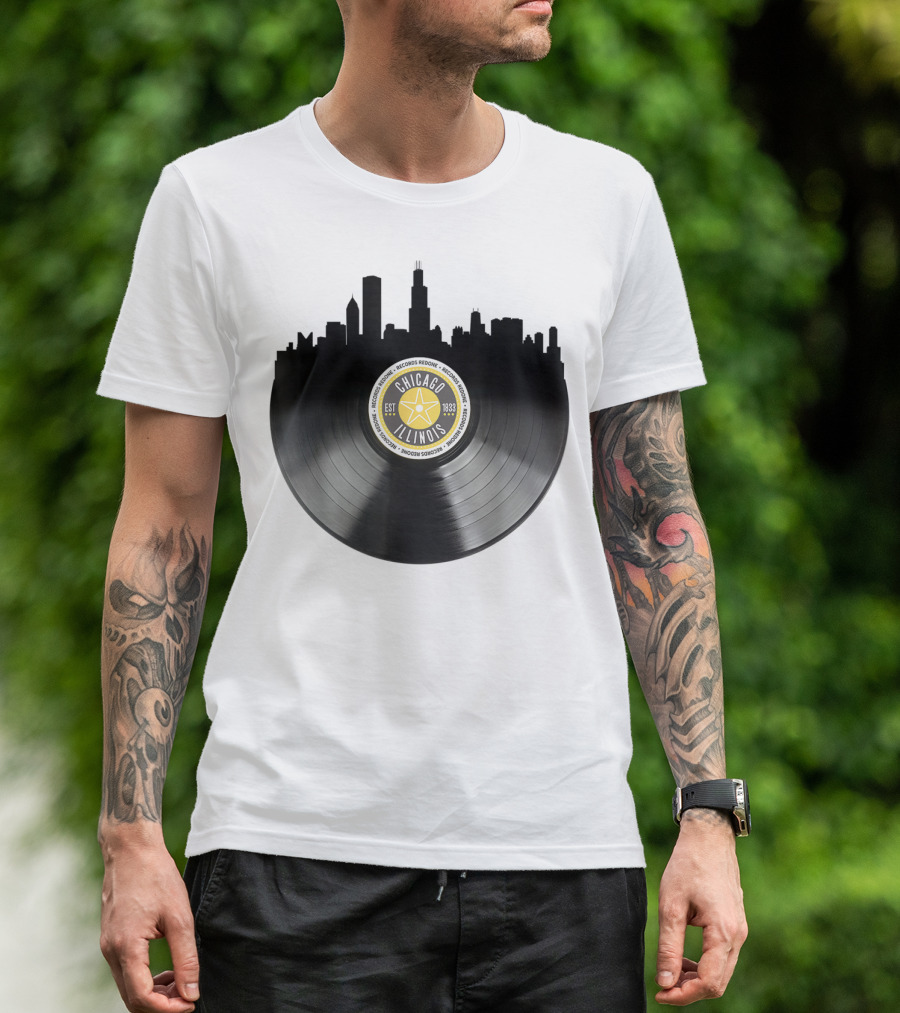 Chicago Illinois Vinyl Record Skyline EST 1833 T-Shirt