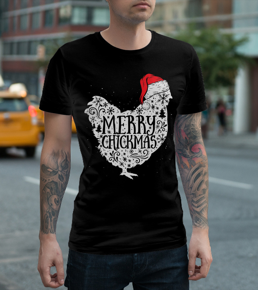 Merry Chickmas Chicken with Santa Claus Hat T-Shirt