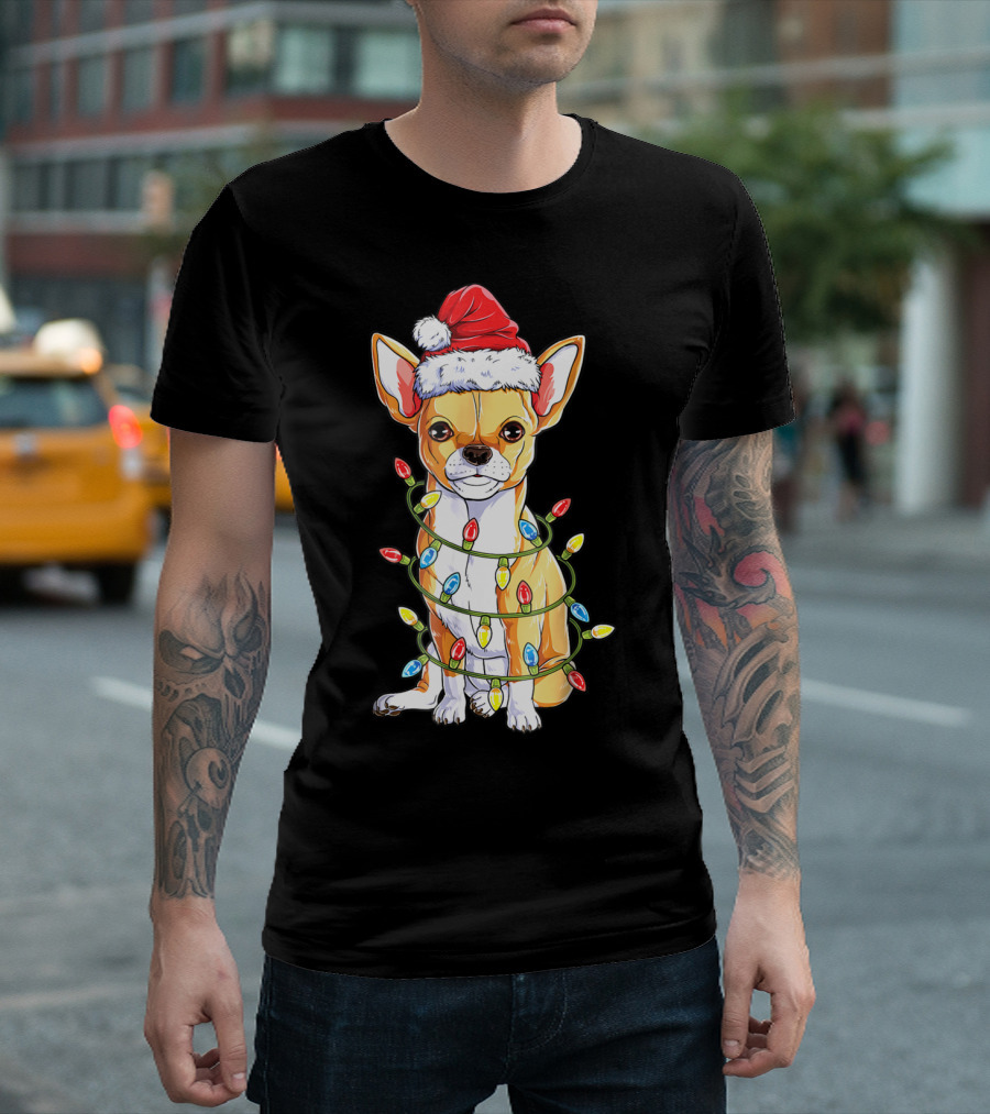 Chihuahua Christmas Santa Hat Holiday Lights Dog T-Shirt