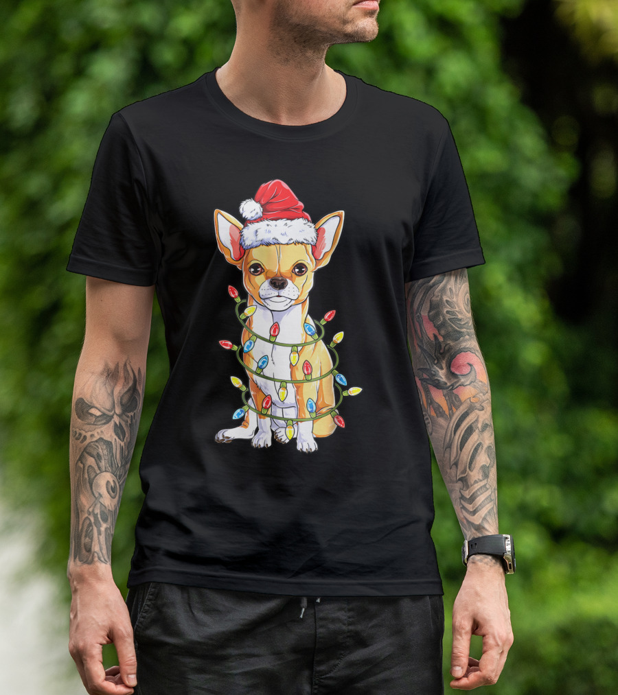 Chihuahua Christmas Santa Hat Holiday Lights Dog T-Shirt