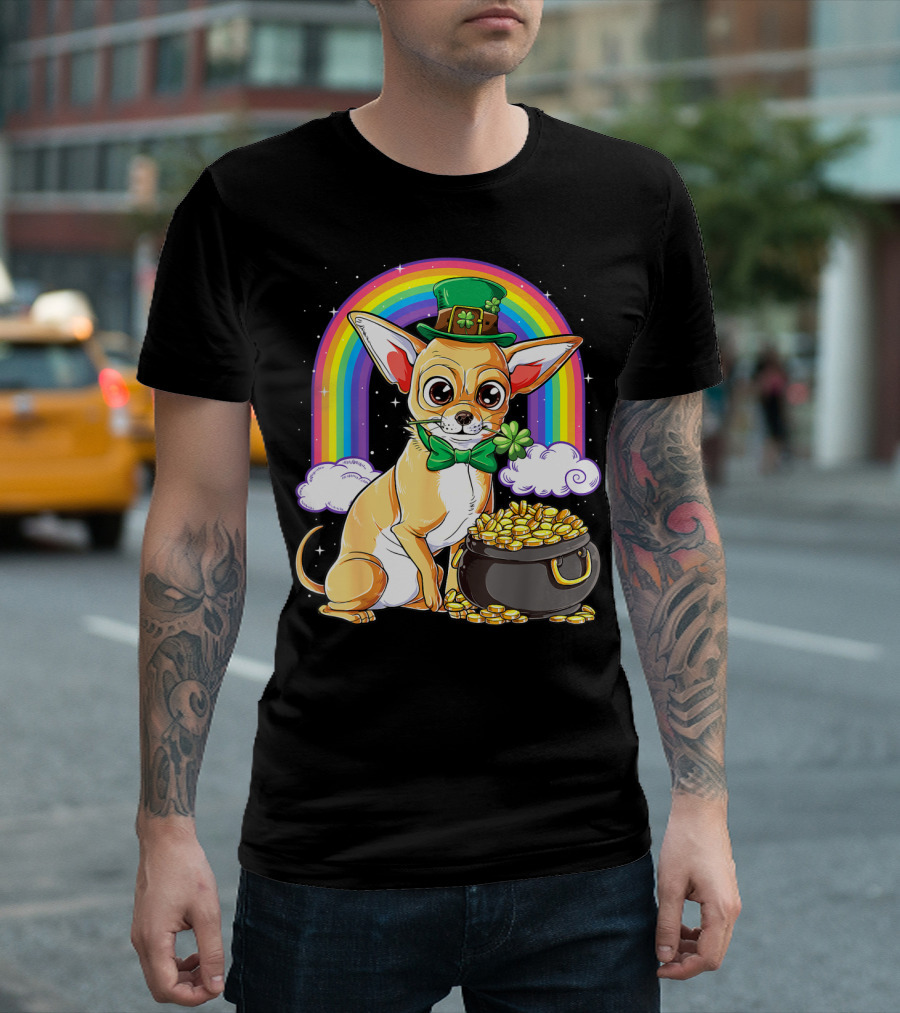 Chihuahua St Patricks Day Leprechaun Rainbow Pot Of Gold T-Shirt