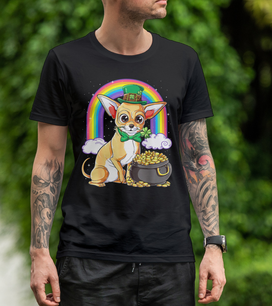 Chihuahua St Patricks Day Leprechaun Rainbow Pot Of Gold T-Shirt