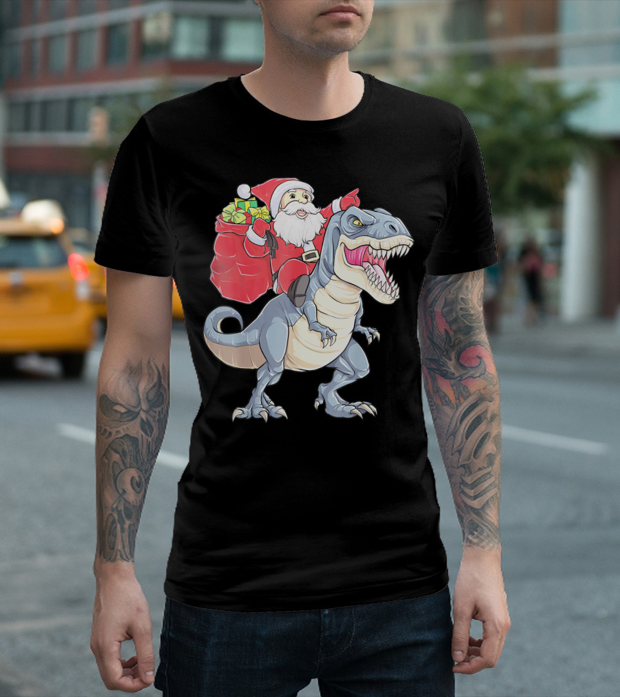 Christmas Santa Riding Dinosaur Rex With Presents T-Shirt