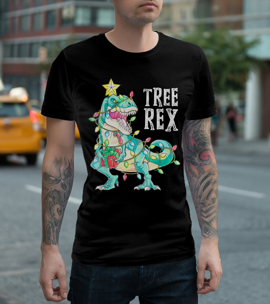Tree Rex Christmas Kids Dinosaur Lights T-Shirt