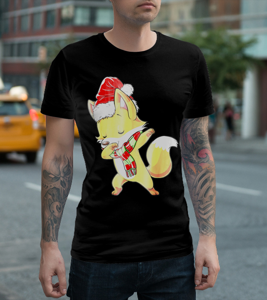 Christmas Fox Dabbing in Santa Hat and Scarf T-Shirt