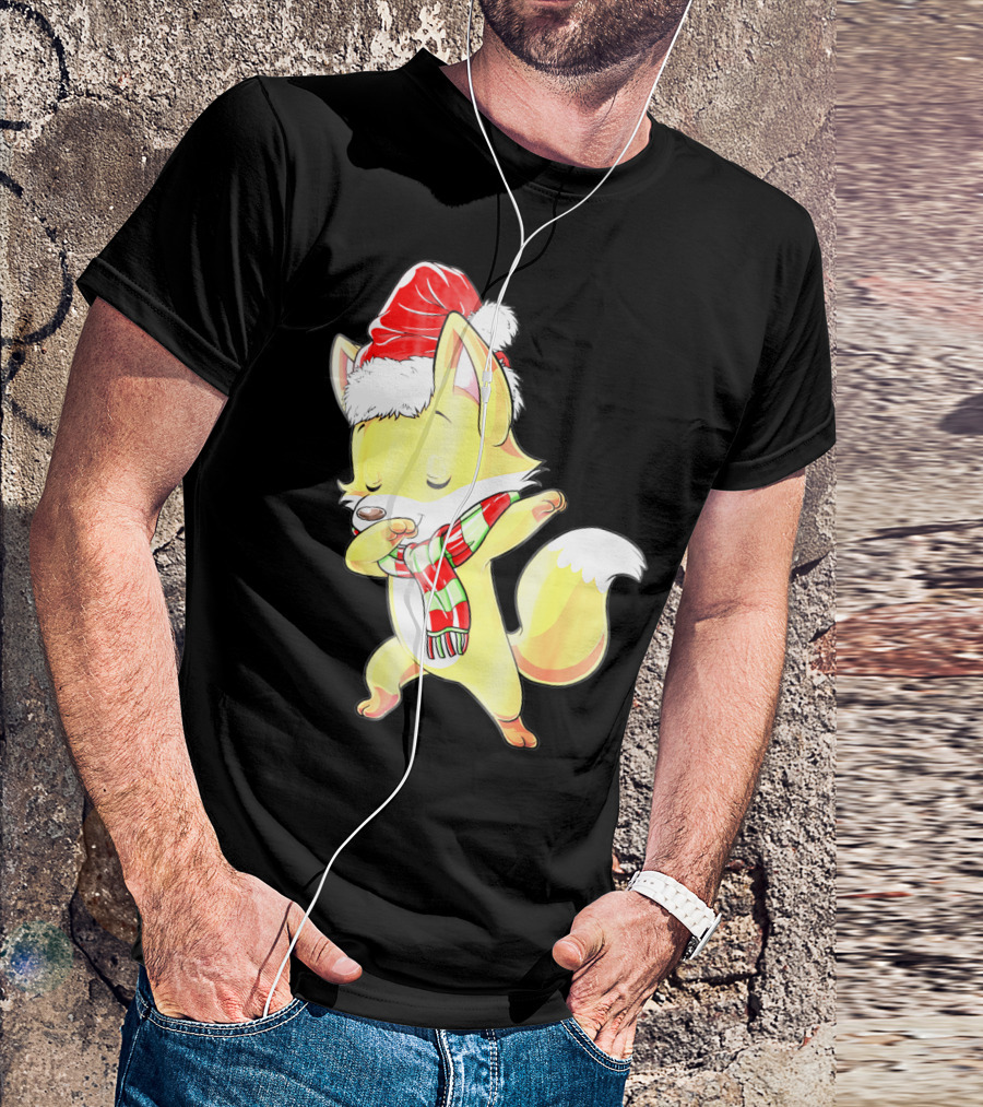 Christmas Fox Dabbing In Santa Hat And Scarf T-Shirt