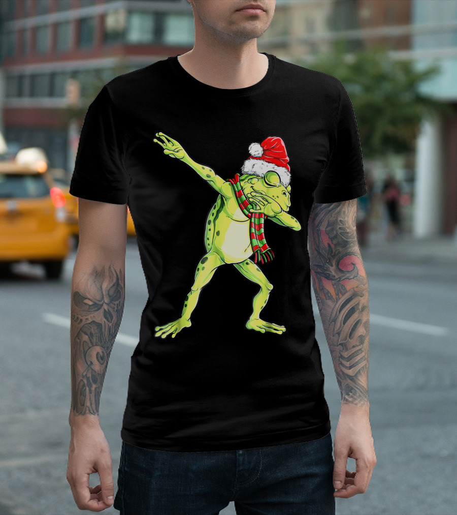 Dabbing Frog with Santa Hat and Scarf Christmas T-Shirt