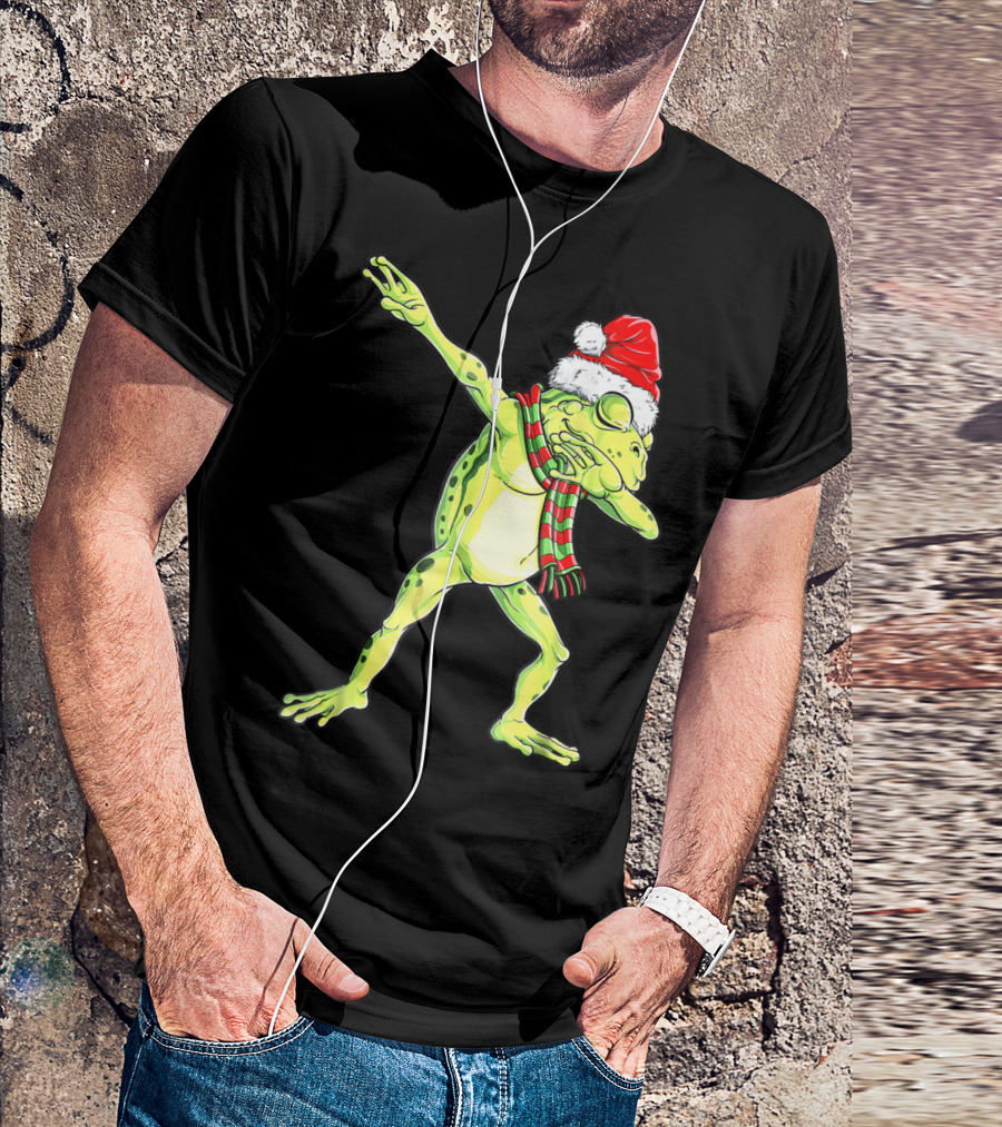 Dabbing Frog With Santa Hat And Scarf Christmas T-Shirt