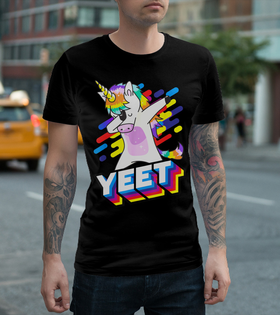 Colorful Dabbing Dancing Unicorn with Rainbow Yeet T-Shirt