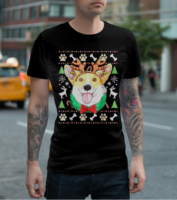 Corgi Christmas Reindeer Antlers Dog Ugly Sweater Xmas Girls T-Shirt