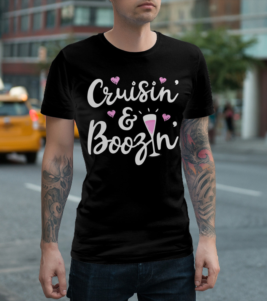 Cruisin And Boozin Funny Cruise Ship Cruising Drinking Hearts Pink Cocktail T-Shirt