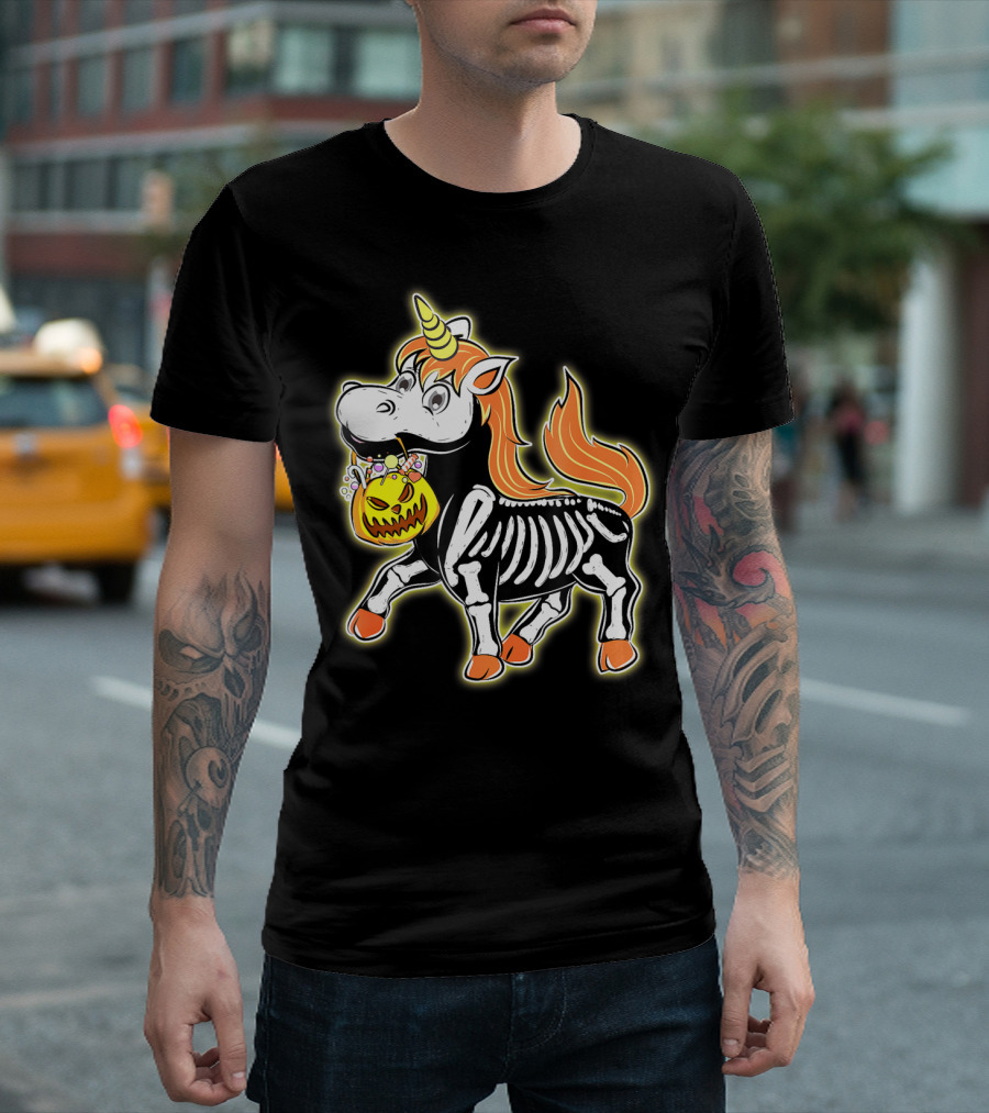 Skeleton Unicorn With Pumpkin Basket T-Shirt
