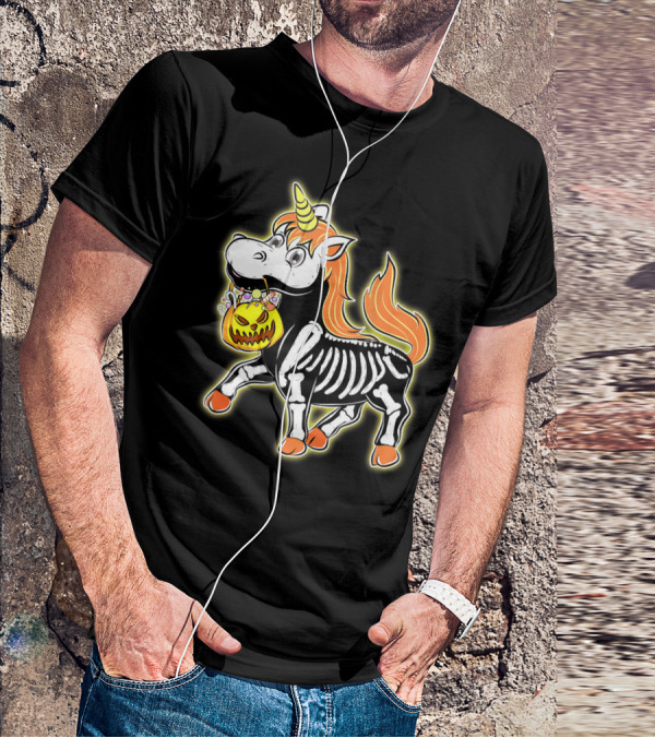 Skeleton Unicorn With Pumpkin Basket T-Shirt
