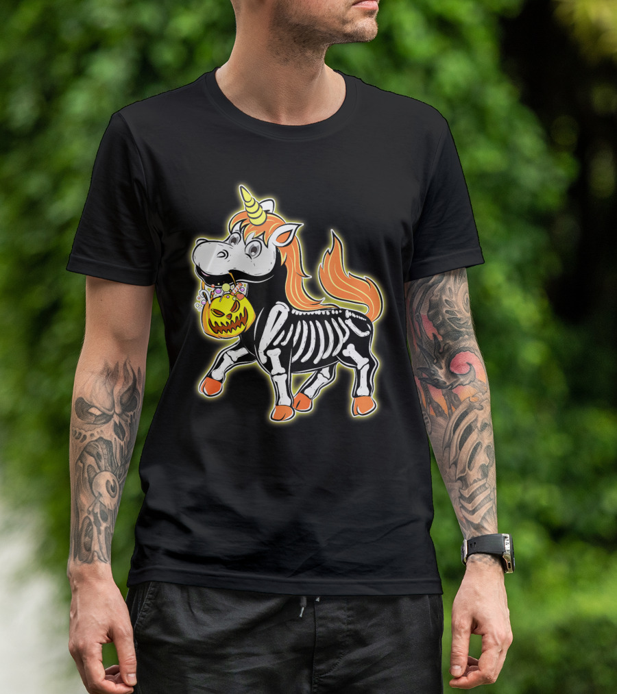 Skeleton Unicorn With Pumpkin Basket T-Shirt