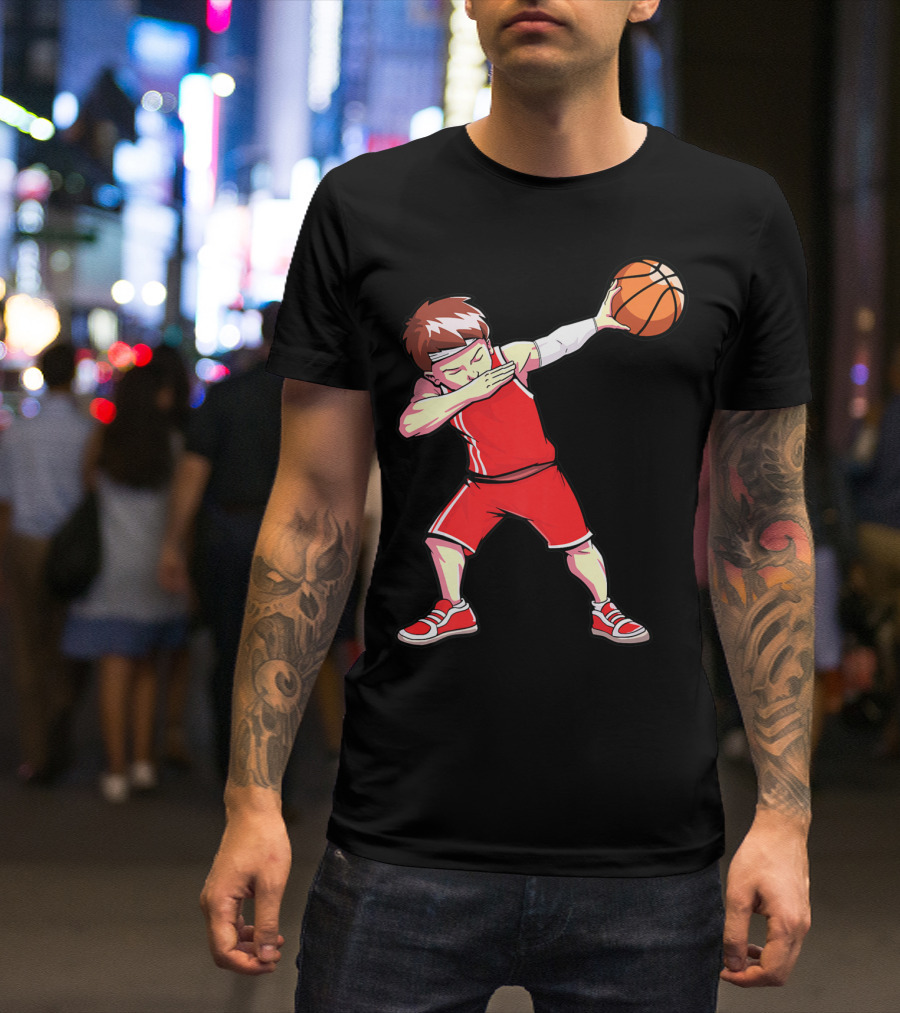 Dabbing Basketball Boy Dab Dance Player In Red Uniform Holding Ball T-Shirt