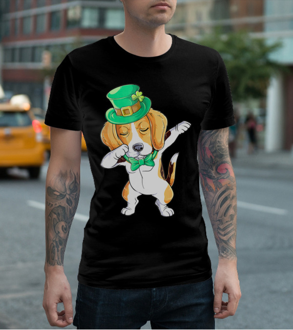 Dabbing Beagle In St Patricks Day Leprechaun Hat And Bowtie T-Shirt