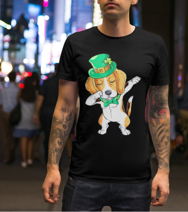 Dabbing Beagle In St Patricks Day Leprechaun Hat And Bowtie T-Shirt