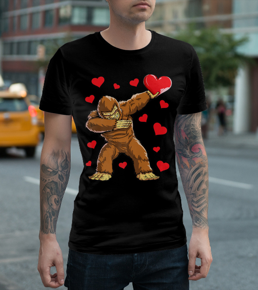 Dabbing Bigfoot With Heart Valentine's Day Boys Men Love T-Shirt
