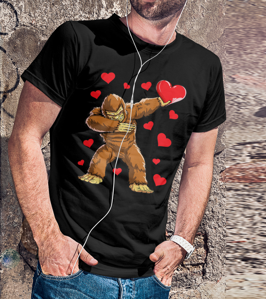 Dabbing Bigfoot With Heart Valentine's Day Boys Men Love T-Shirt