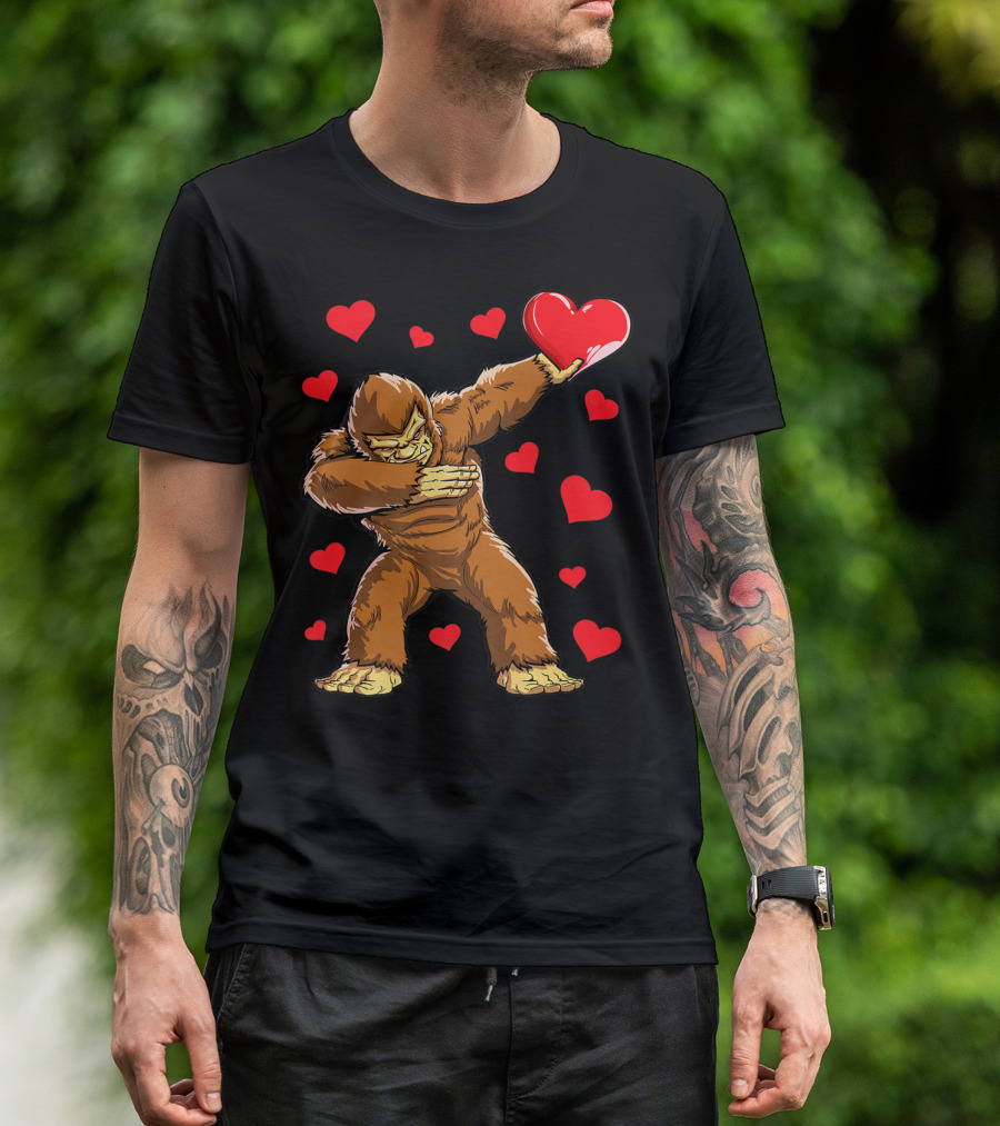 Dabbing Bigfoot With Heart Valentine's Day Boys Men Love T-Shirt
