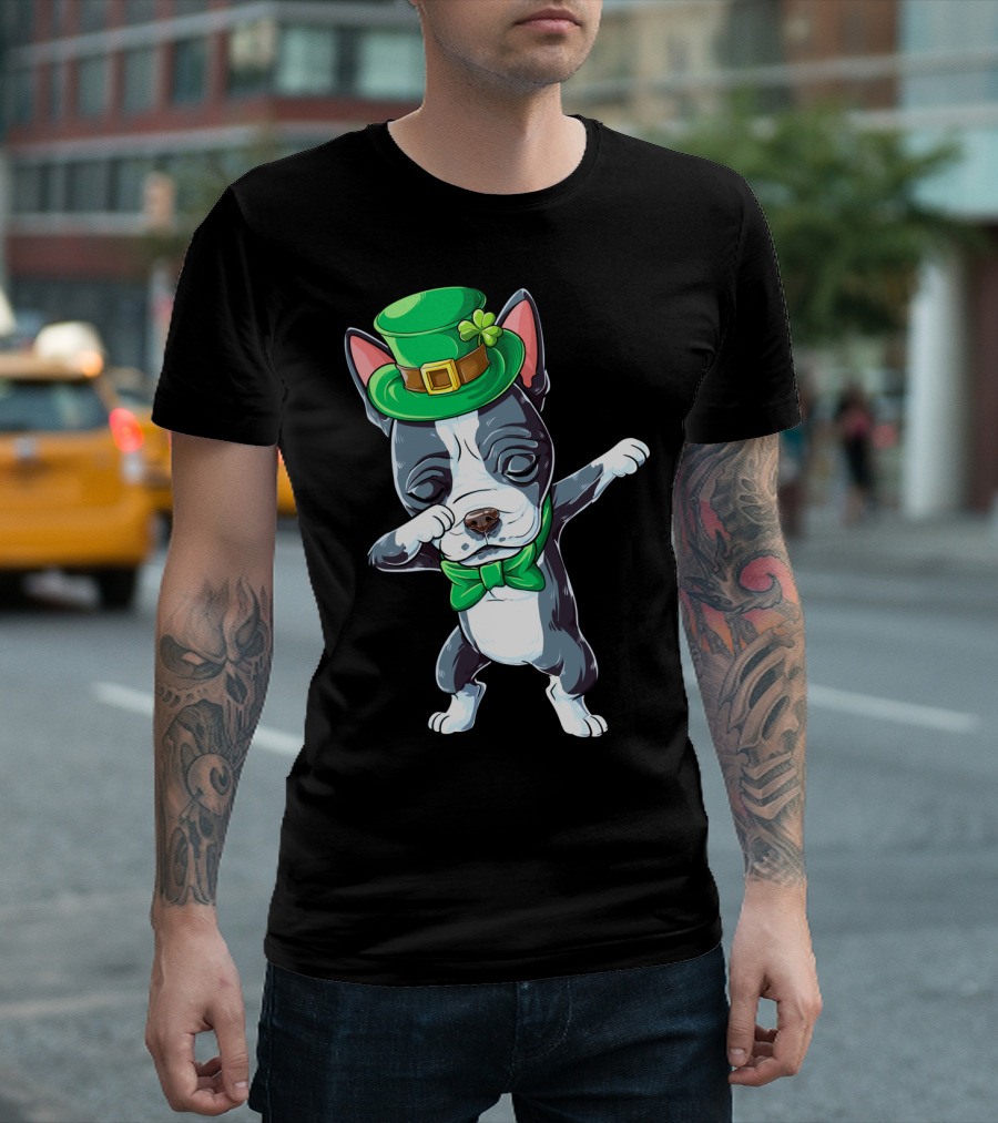 Dabbing Boston Terrier St Patricks Day Leprechaun Green Hat Bow Tie T-Shirt
