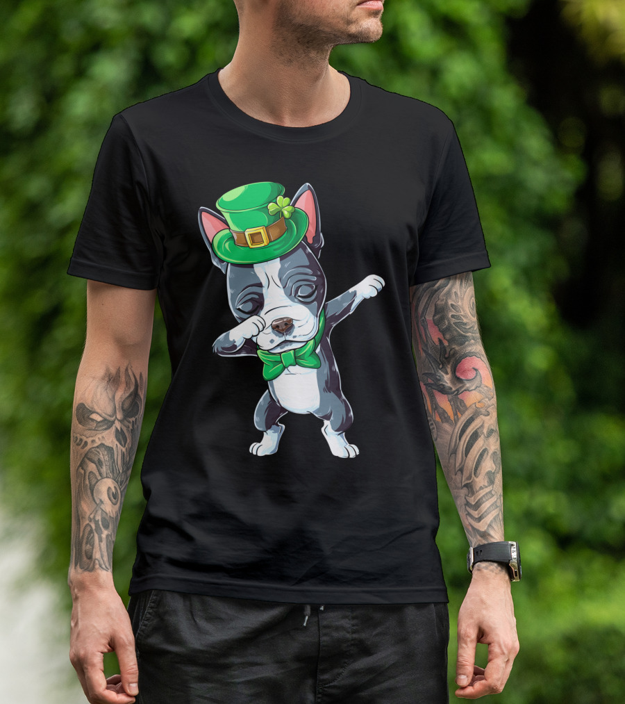 Dabbing Boston Terrier St Patricks Day Leprechaun Green Hat Bow Tie T-Shirt