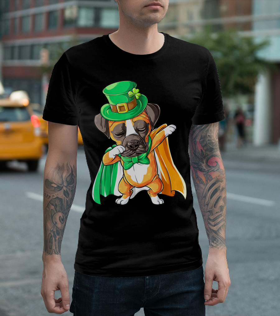 Dabbing Boxer Puppy St Patricks Day Leprechaun Costume Irish Flag T-Shirt