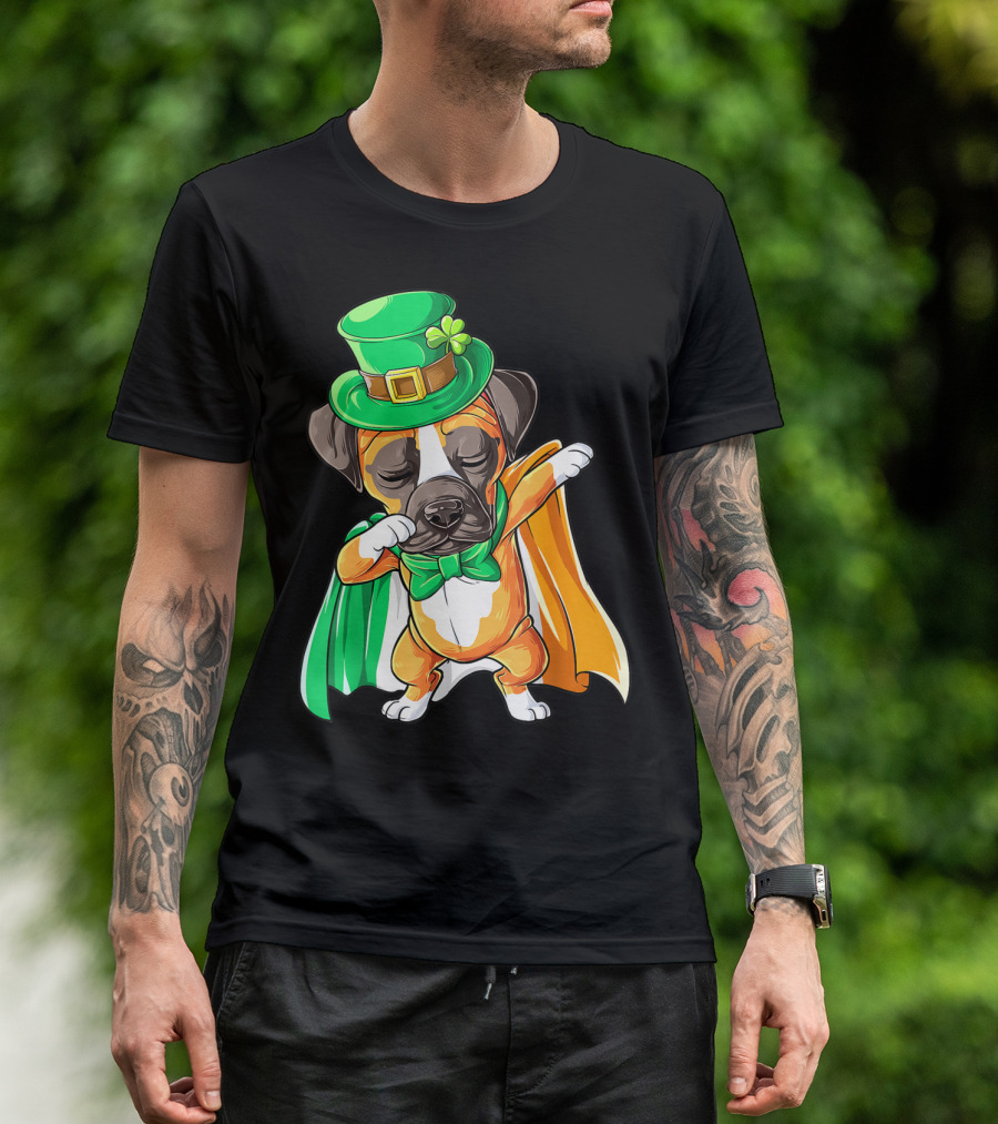 Dabbing Boxer Puppy St Patricks Day Leprechaun Costume Irish Flag T-Shirt