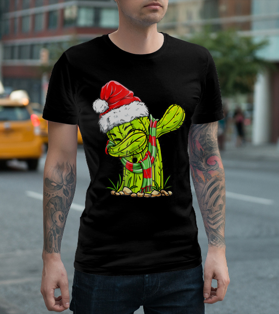 Dabbing Cactus Santa Christmas Hat and Scarf T-Shirt