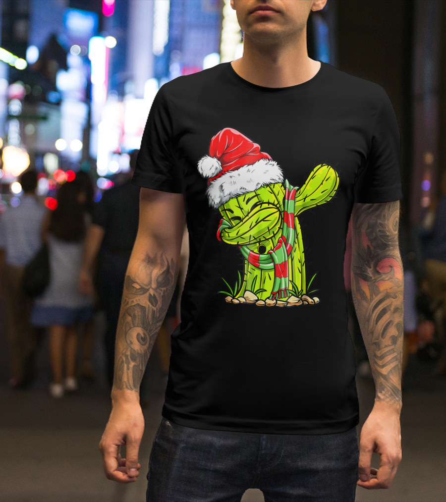 Dabbing Cactus Santa Christmas Hat And Scarf T-Shirt