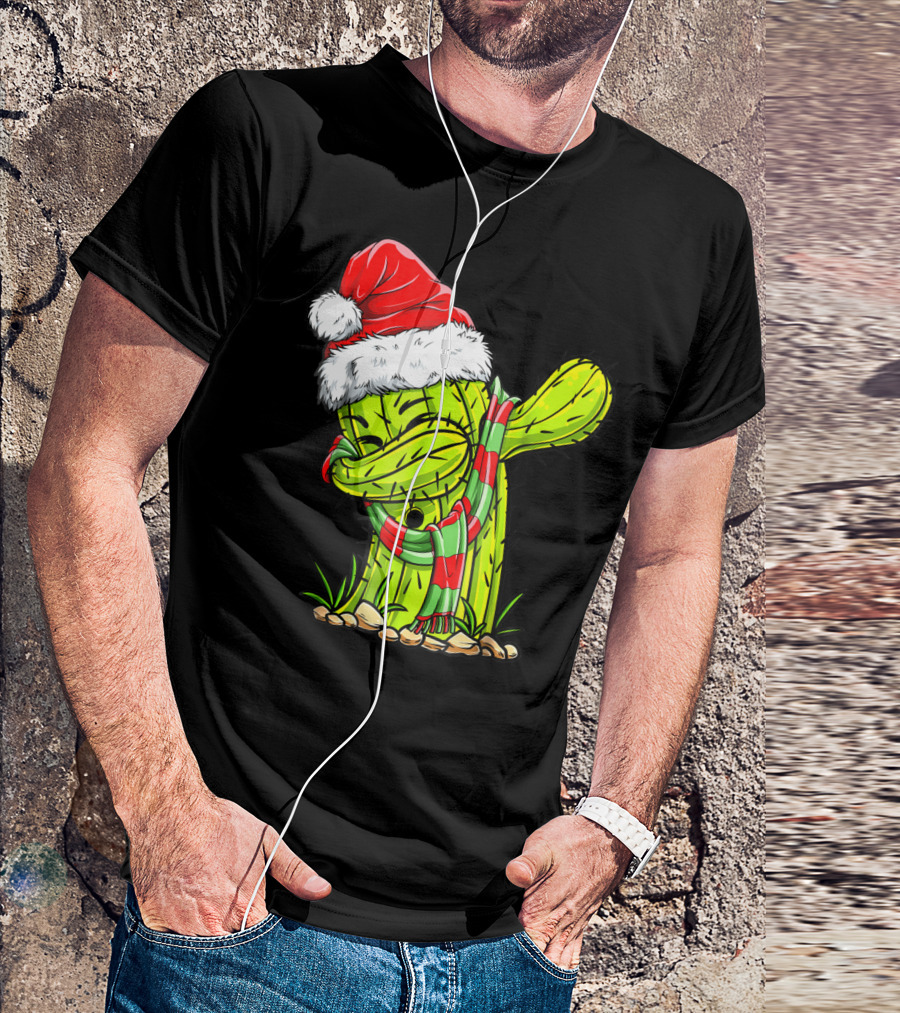Dabbing Cactus Santa Christmas Hat And Scarf T-Shirt