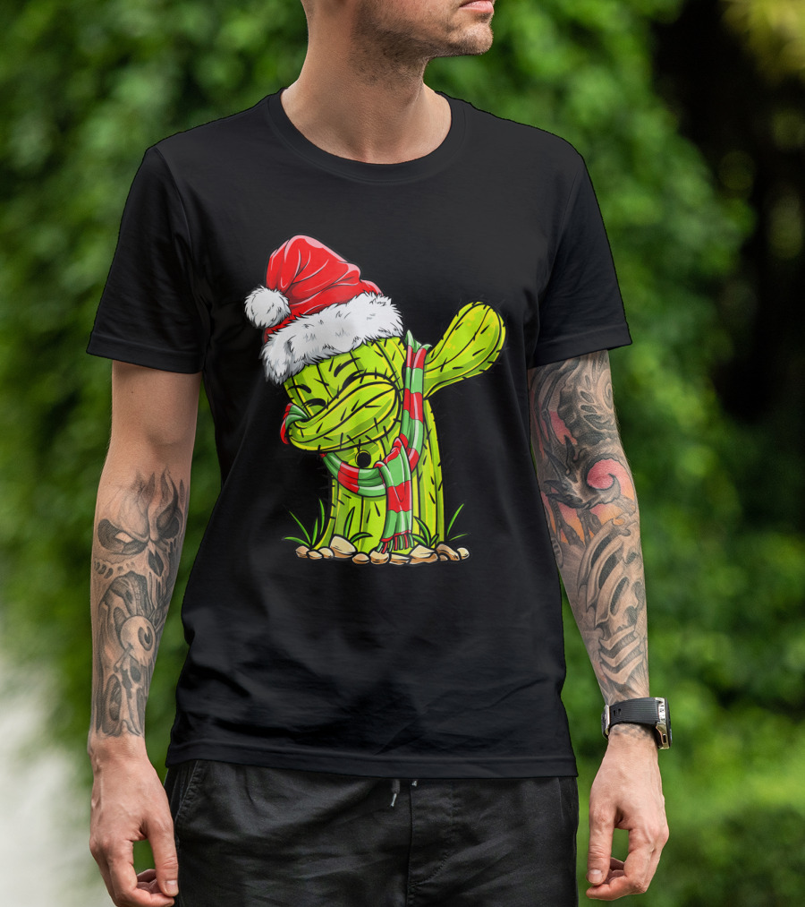 Dabbing Cactus Santa Christmas Hat And Scarf T-Shirt