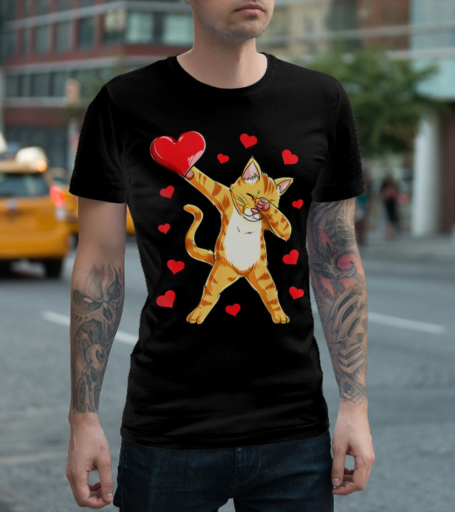 Cute Dabbing Cat with Hearts for Valentine's Day Kitten Lovers T-Shirt