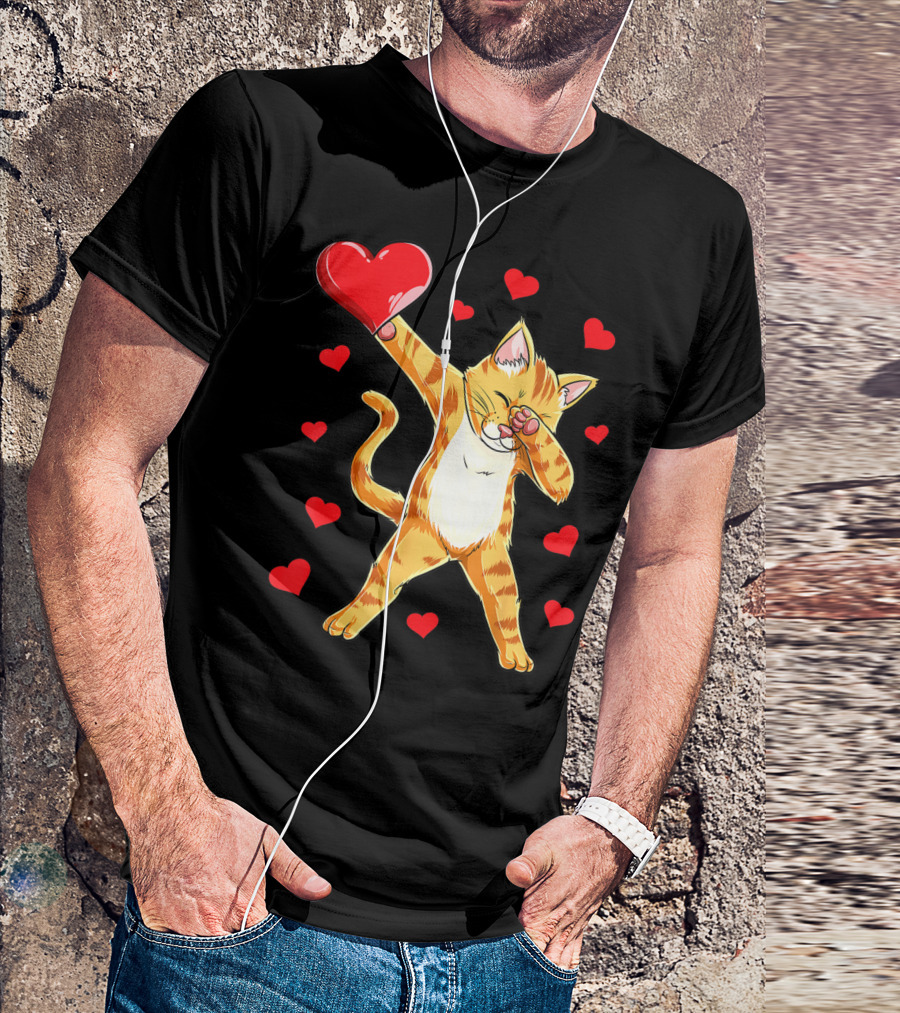 Cute Dabbing Cat With Hearts For Valentine's Day Kitten Lovers T-Shirt